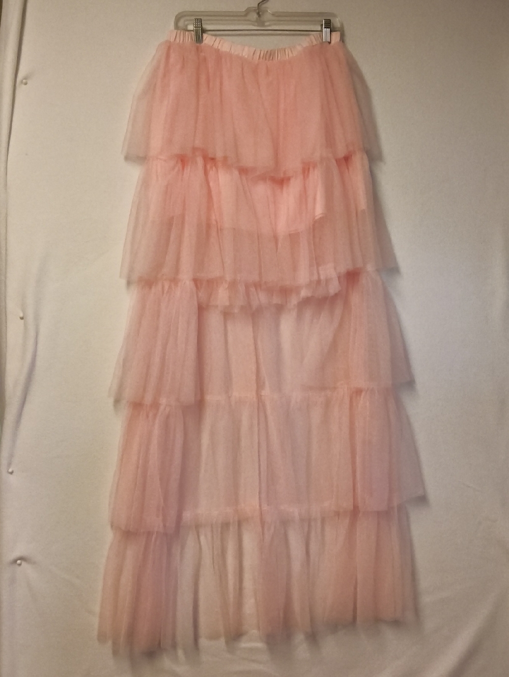 Women's Pink Tiered Maxi Skirt - Lightweight Tulle Layered DesignShort In Front